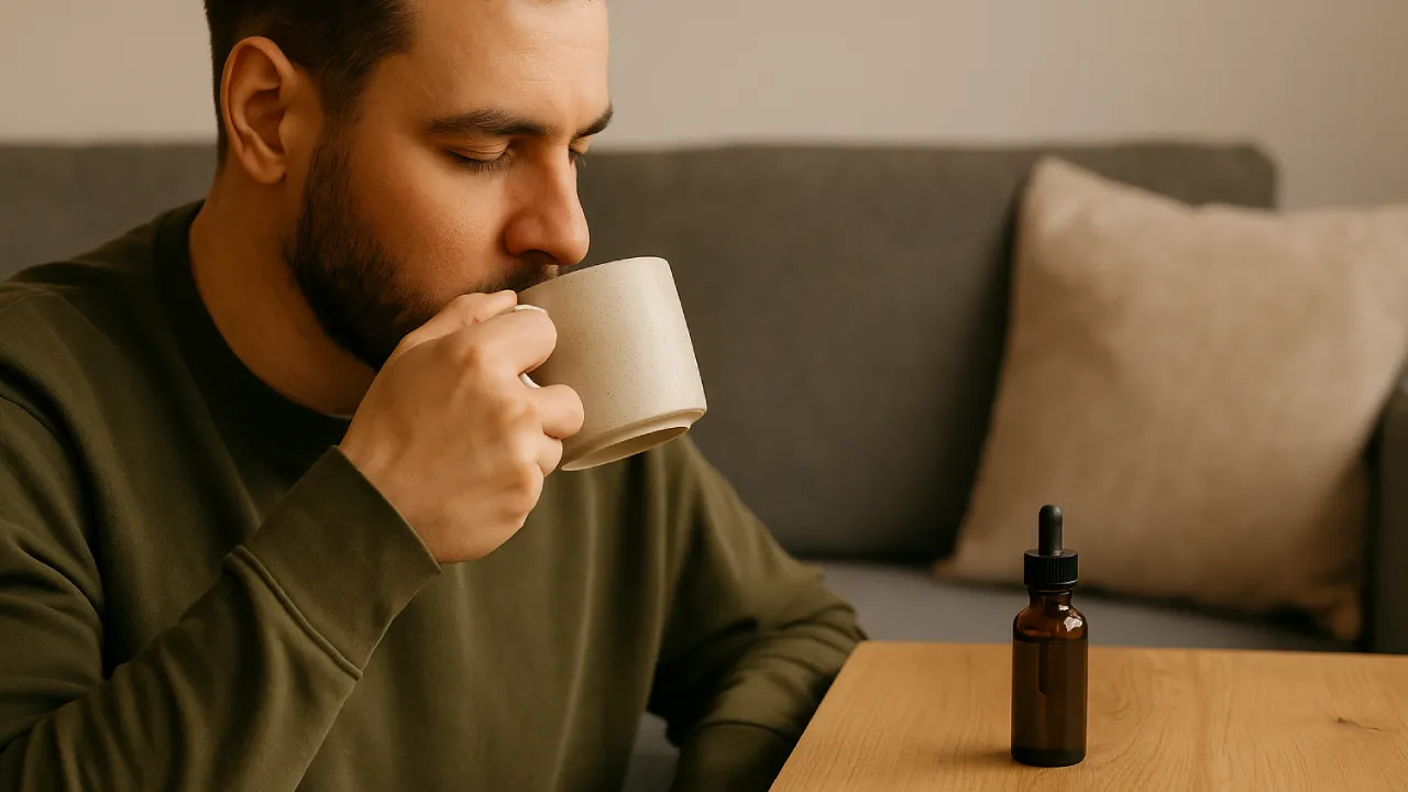 CBD – naturalny olejek, który nie uzależnia. Spokojna scena z herbatą i kroplami CBD.