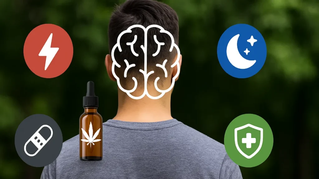 Infografika z mózgiem i ikonami pokazującymi działanie CBD na stres, sen, odporność i ból