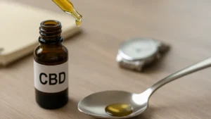CBD – jak dawkować? Zakraplacz i butelka olejku na tle porannej rutyny.