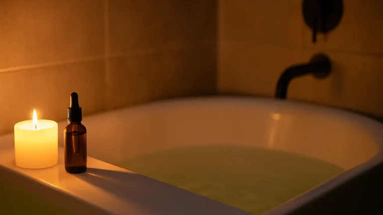Relaksująca kąpiel z dodatkiem CBD – wanna, świeca i olejek.