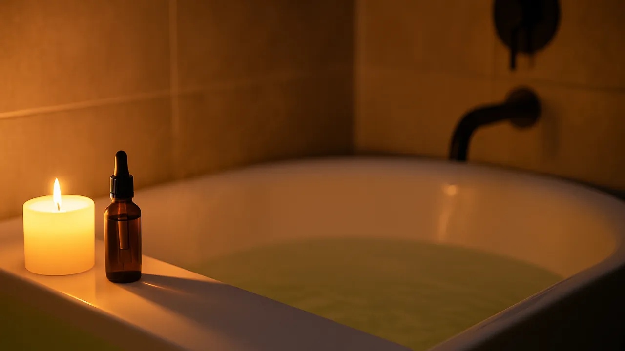 Relaksująca kąpiel z dodatkiem CBD – wanna, świeca i olejek.
