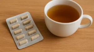 Ranking kapsułek CBD – blister z kapsułkami i filiżanka herbaty na stole.