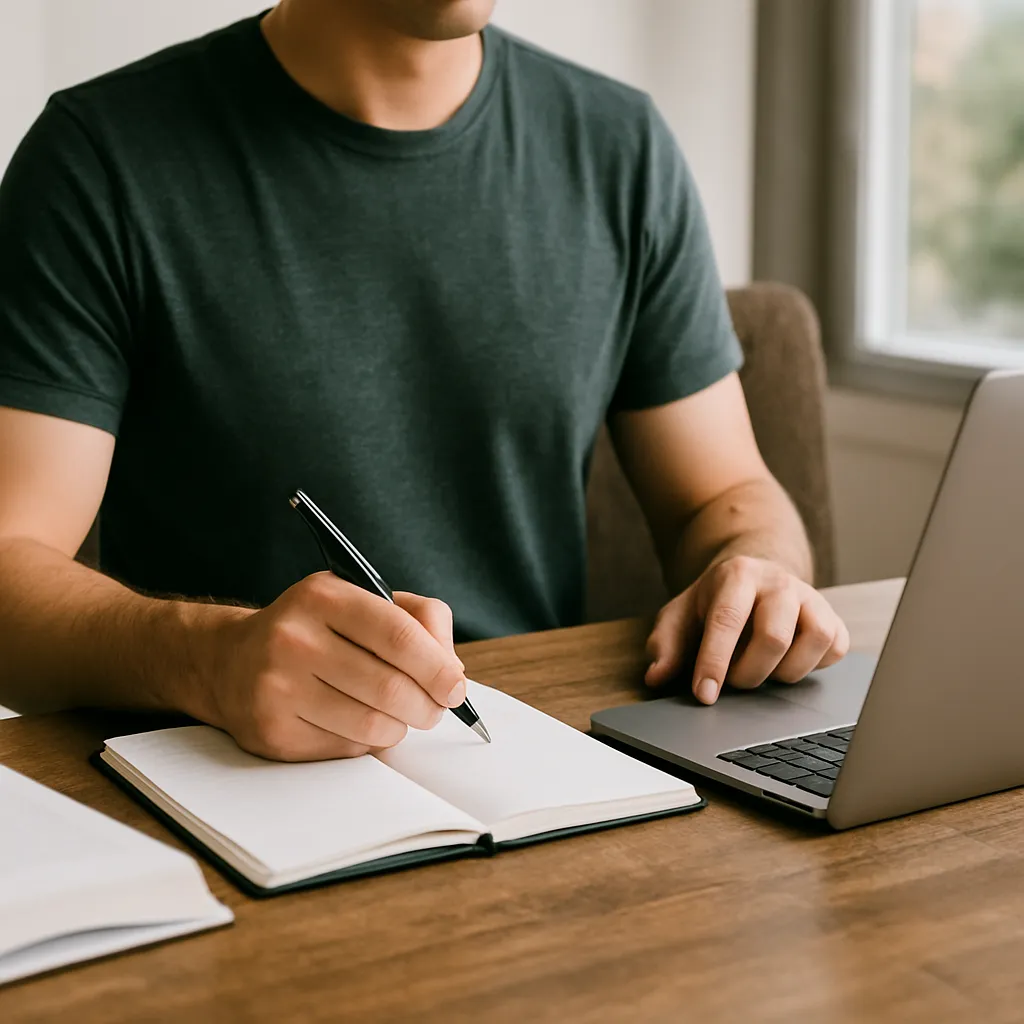 Mężczyzna piszący w notesie przy laptopie, bez widocznej twarzy, symboliczna scena pracy nad artykułami o CBD.