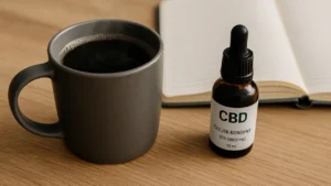 Kubek kawy i olejek CBD na stole – poranny rytuał energii i równowagi.
