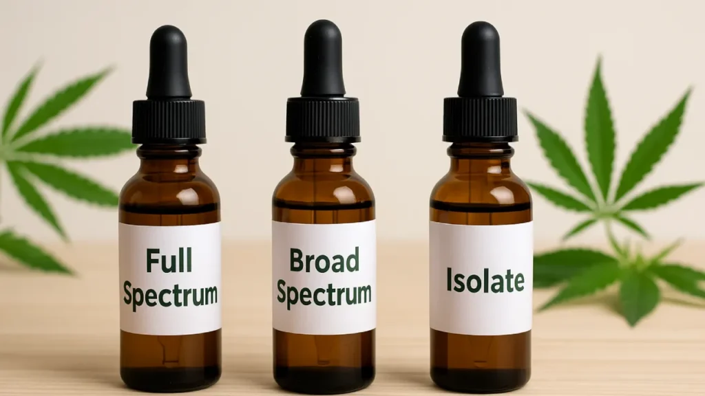 Trzy buteleczki olejku CBD oznaczone jako full spectrum, broad spectrum i izolat – porównanie produktów