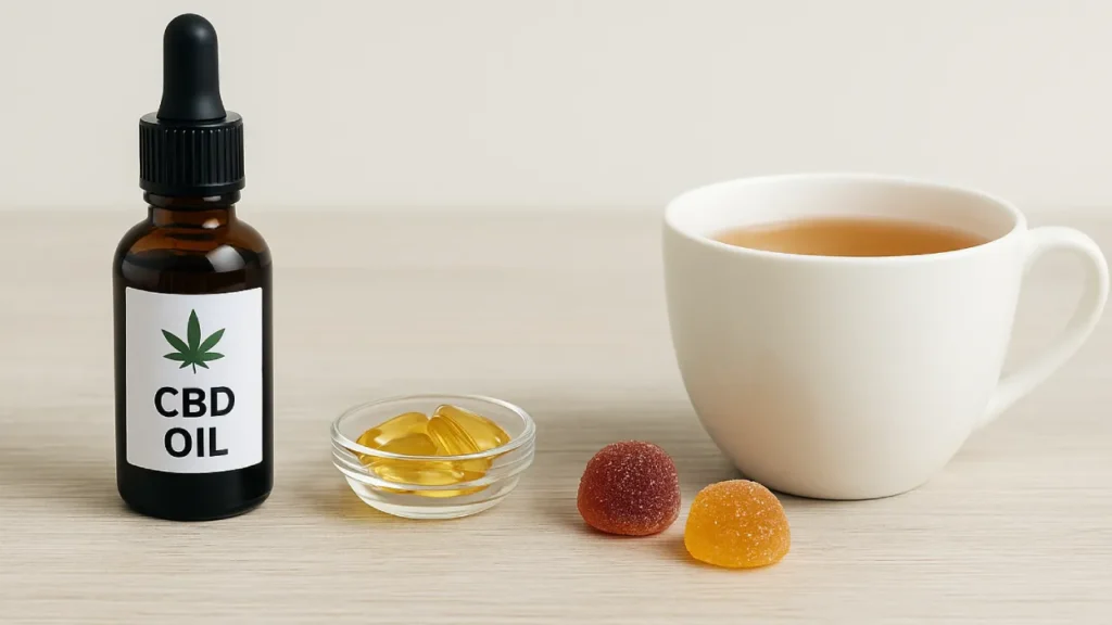 Cztery formy CBD (olejek, kapsułki, żelki, herbata) ułożone obok siebie na stole – porównanie produktów