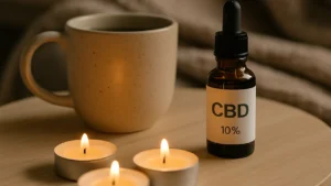 Kubek herbaty, olejek CBD i zapalone świece na stoliku – wieczorny rytuał relaksu